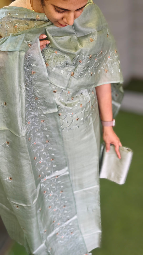 Basil green tussar silk suit