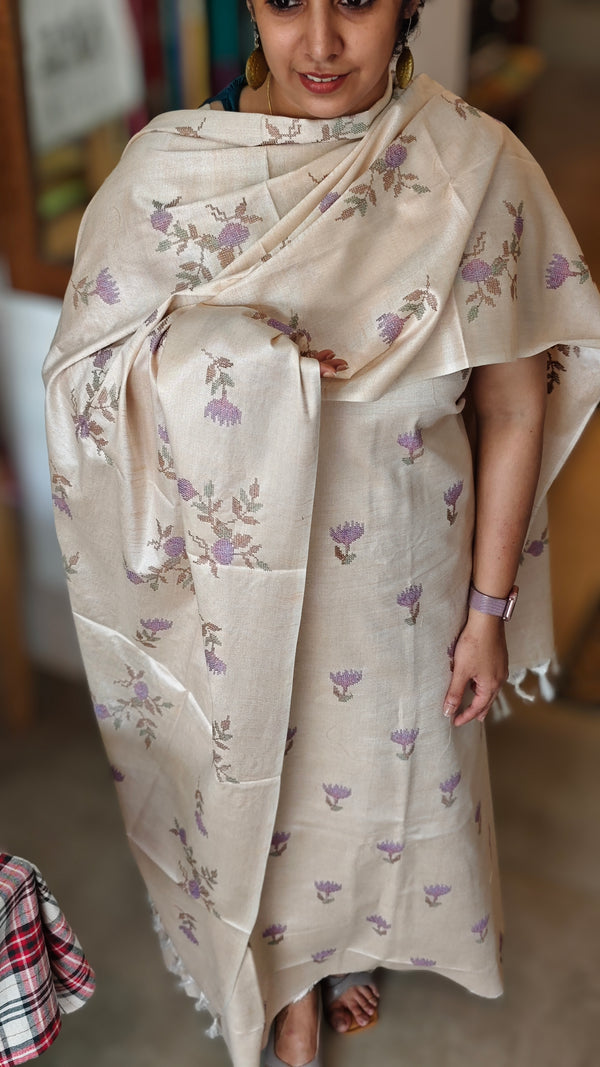 Beige Cross Stitch Embroidered Semi Tussar suit - MTV6 - LM