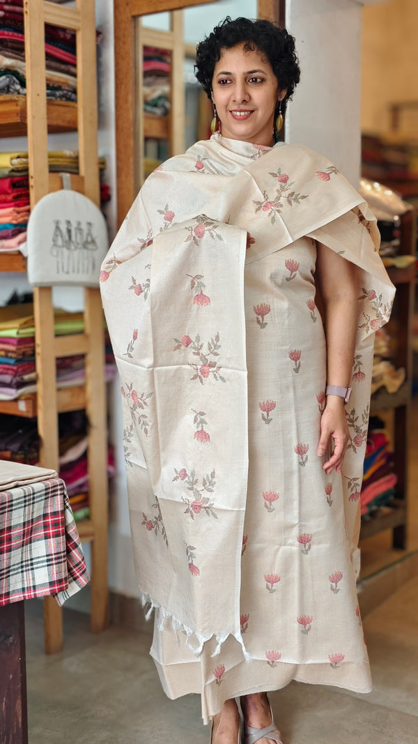 Beige Semi Tussar Cross Stitch Embroidered Suit - MTV6 PP