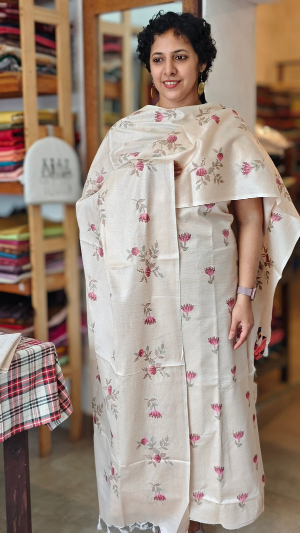 Beige Semi Tussar Cross Stitch Embroidered Suit - MTV6 RP