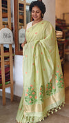 Lime Green Linen Chanderi Jamdani Saree - JD542 - B