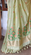 Lime Green Linen Chanderi Jamdani Saree - JD542 - B