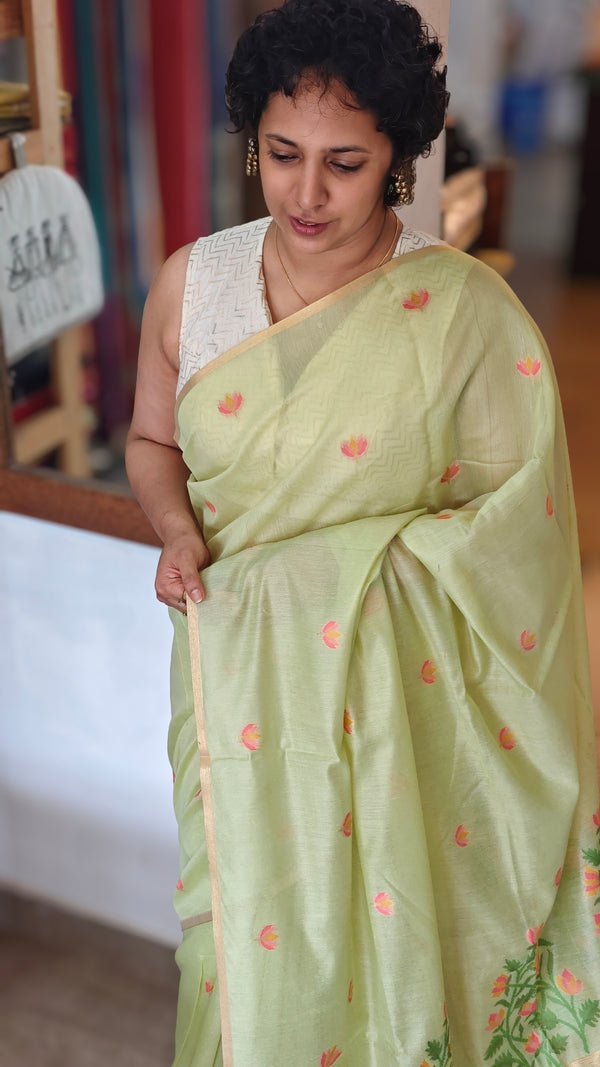 Lime Green Linen Chanderi Jamdani Saree - JD542 - B
