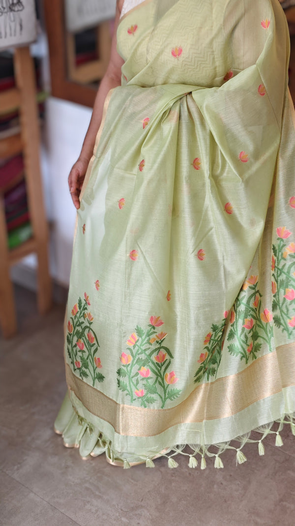 Lime Green Linen Chanderi Jamdani Saree - JD542 - B