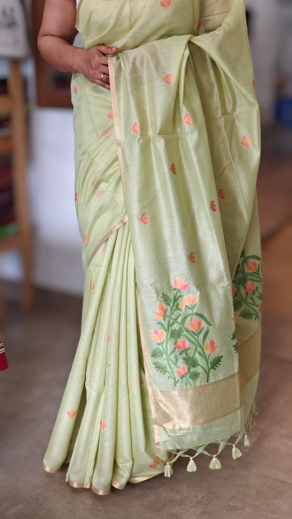 Lime Green Linen Chanderi Jamdani Saree - JD542 - B
