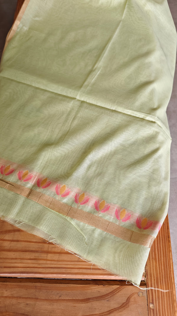Lime Green Linen Chanderi Jamdani Saree - JD542 - B