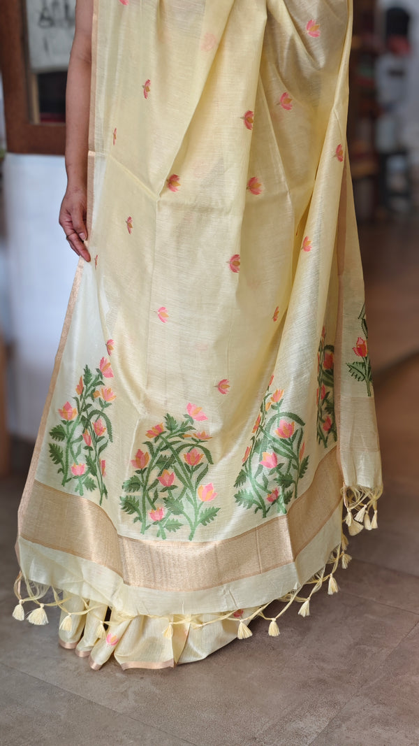 Canary Yellow Linen Chanderi Jamdani Saree - JD542 - B
