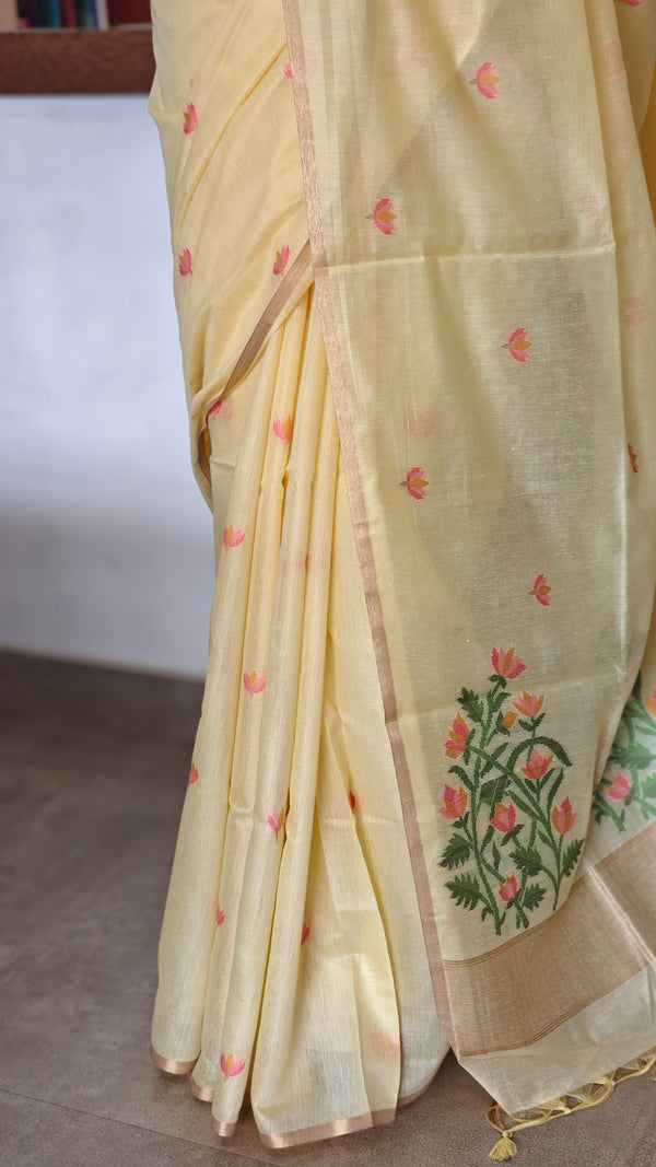 Canary Yellow Linen Chanderi Jamdani Saree - JD542 - B