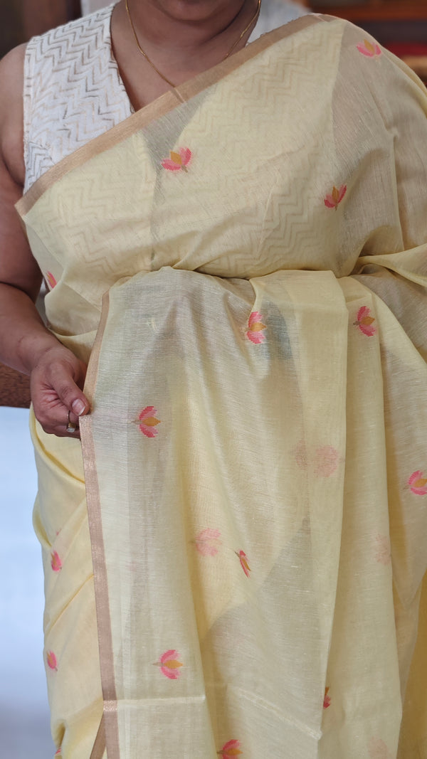 Canary Yellow Linen Chanderi Jamdani Saree - JD542 - B