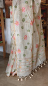 Cream Linen Chanderi Jamdani Saree - JD542