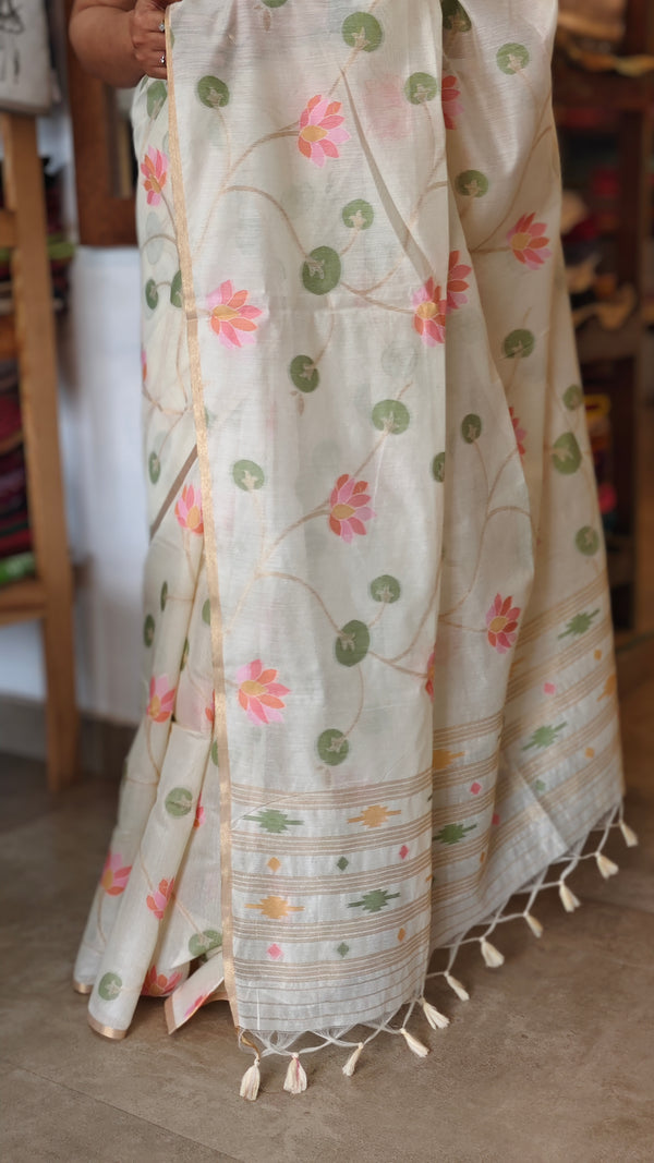 Cream Linen Chanderi Jamdani Saree - JD542
