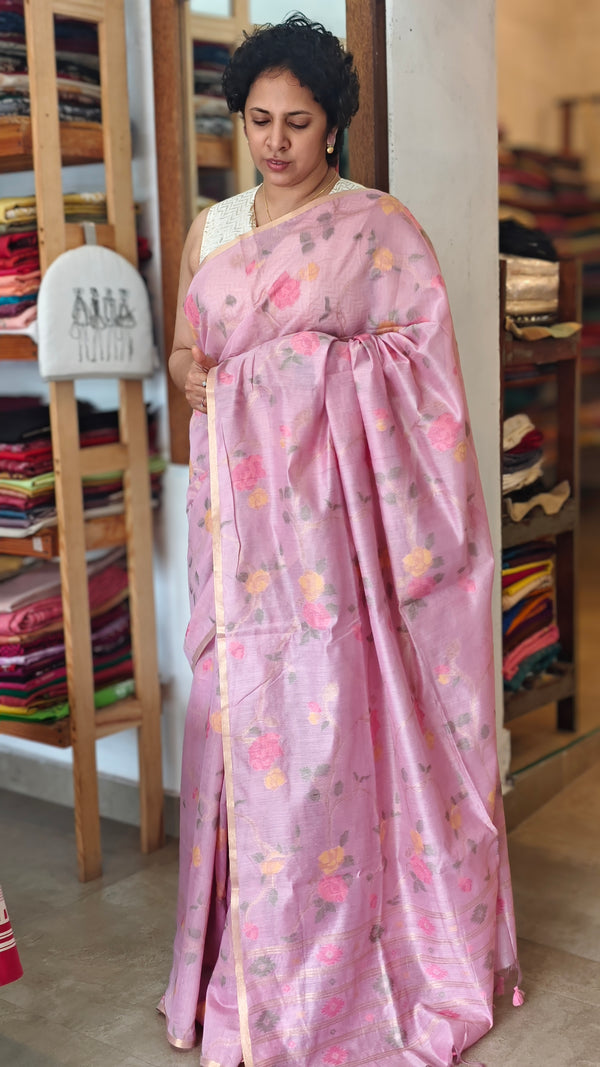 Lilac Linen Chanderi Jamdani Saree - JD542