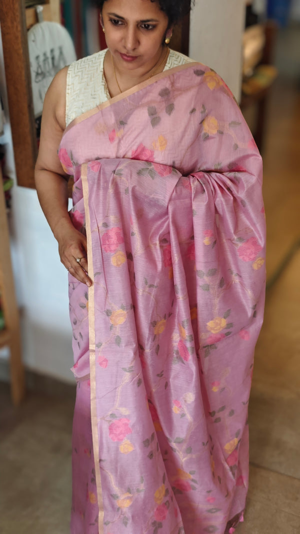 Lilac Linen Chanderi Jamdani Saree - JD542