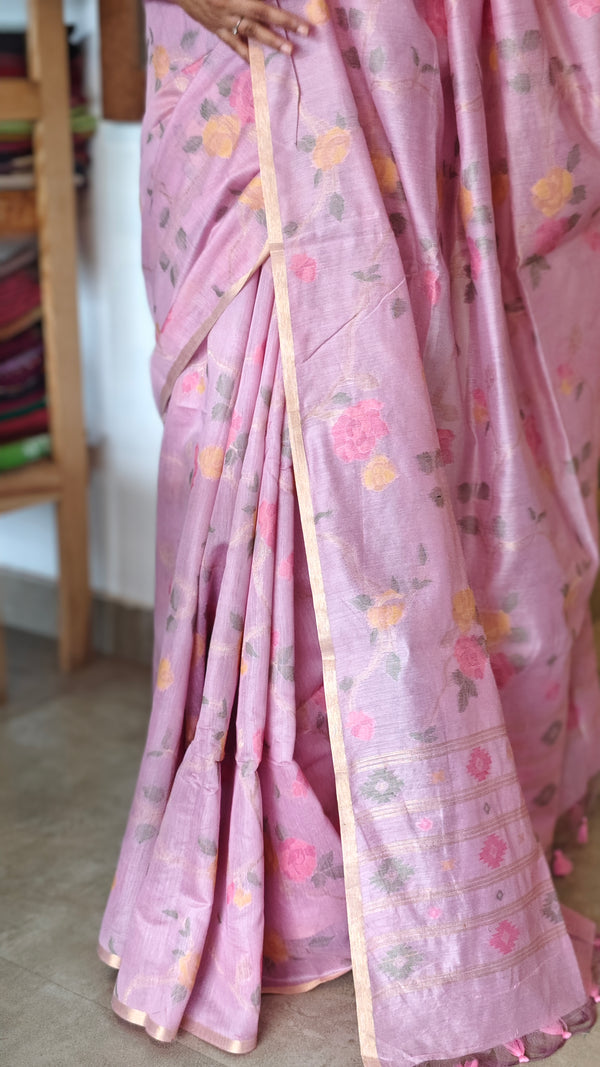 Lilac Linen Chanderi Jamdani Saree - JD542