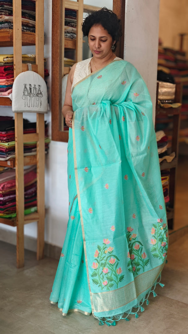 Teal Green Linen Chanderi Jamdani Saree - JD542 - B