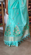 Teal Green Linen Chanderi Jamdani Saree - JD542 - B
