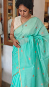 Teal Green Linen Chanderi Jamdani Saree - JD542 - B