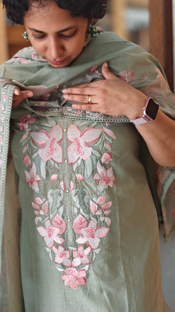 Sage Green Mal Chanderi Embroidered Suit - XA22