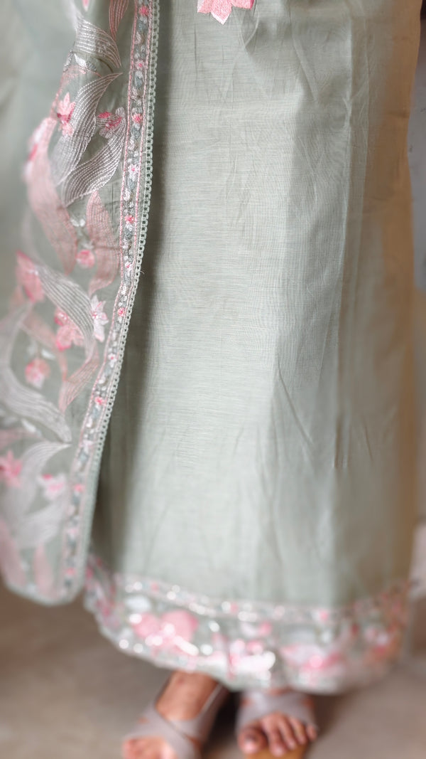 Sage Green Mal Chanderi Embroidered Suit - XA22
