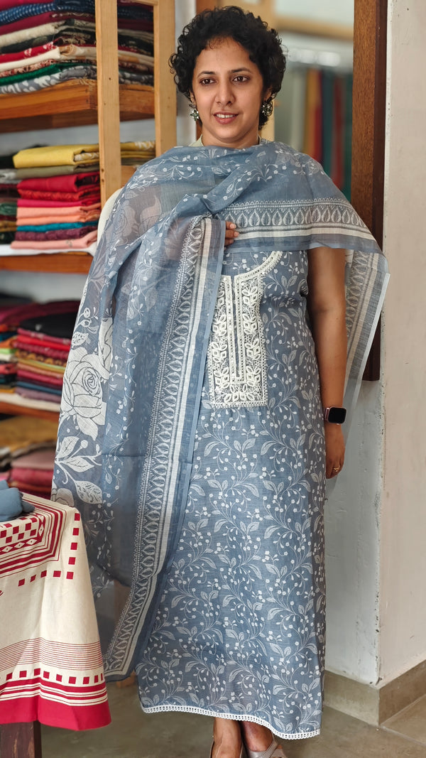 Blue printed linen cotton suit - 665
