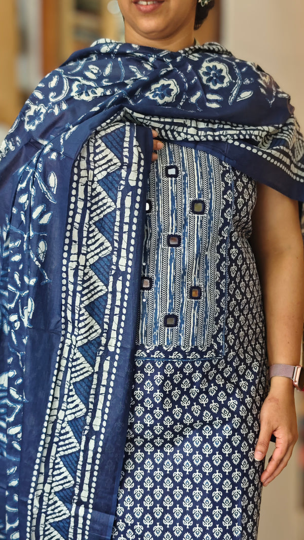 Navy blue printed cotton suit