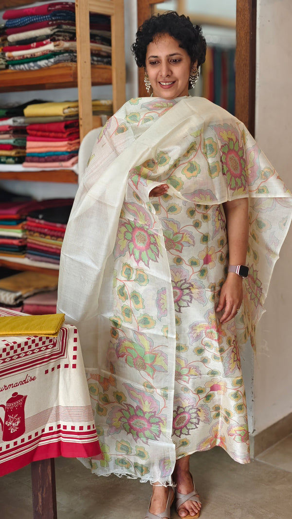 Cream Printed Pure Tussar Silk Suit