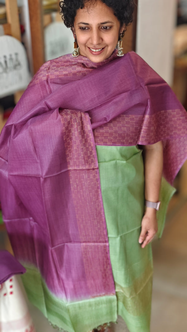 Green and purple noil tussar silk suit