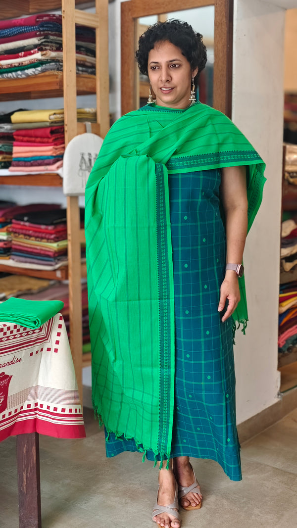 Dark Teal and green handloom cotton suit