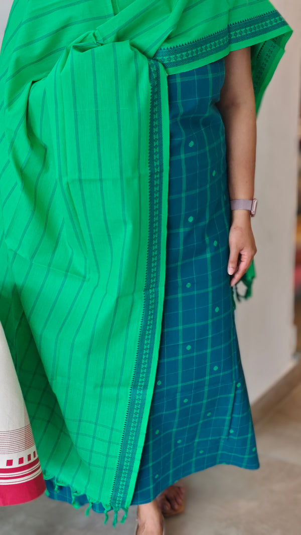 Dark Teal and green handloom cotton suit