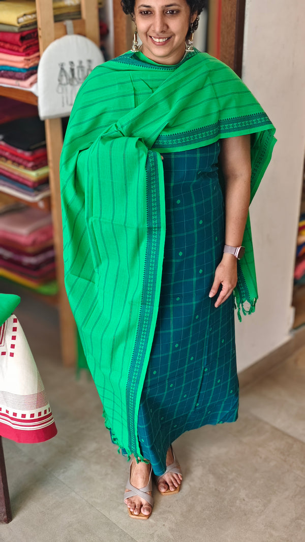 Dark Teal and green handloom cotton suit