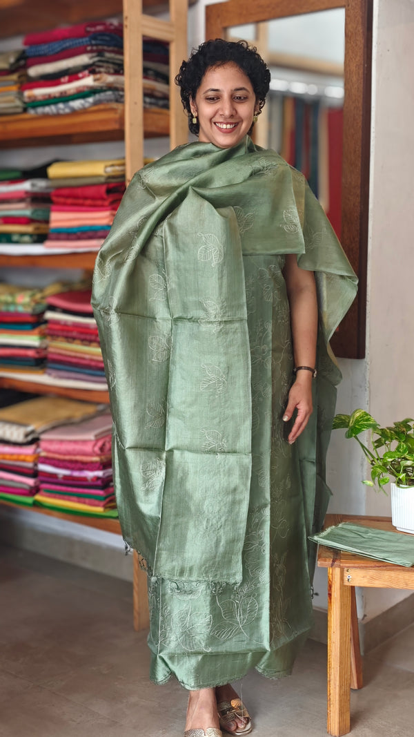 Persian Green Embroidered Tussar Silk Suit - GS10