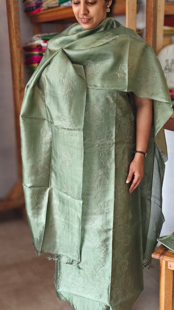 Persian Green Embroidered Tussar Silk Suit - GS10
