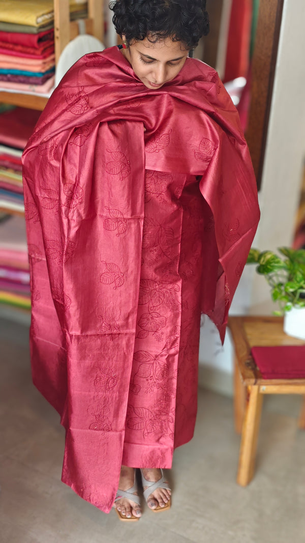 Crimson Red Embroidered Tussar Silk Suit - GS10