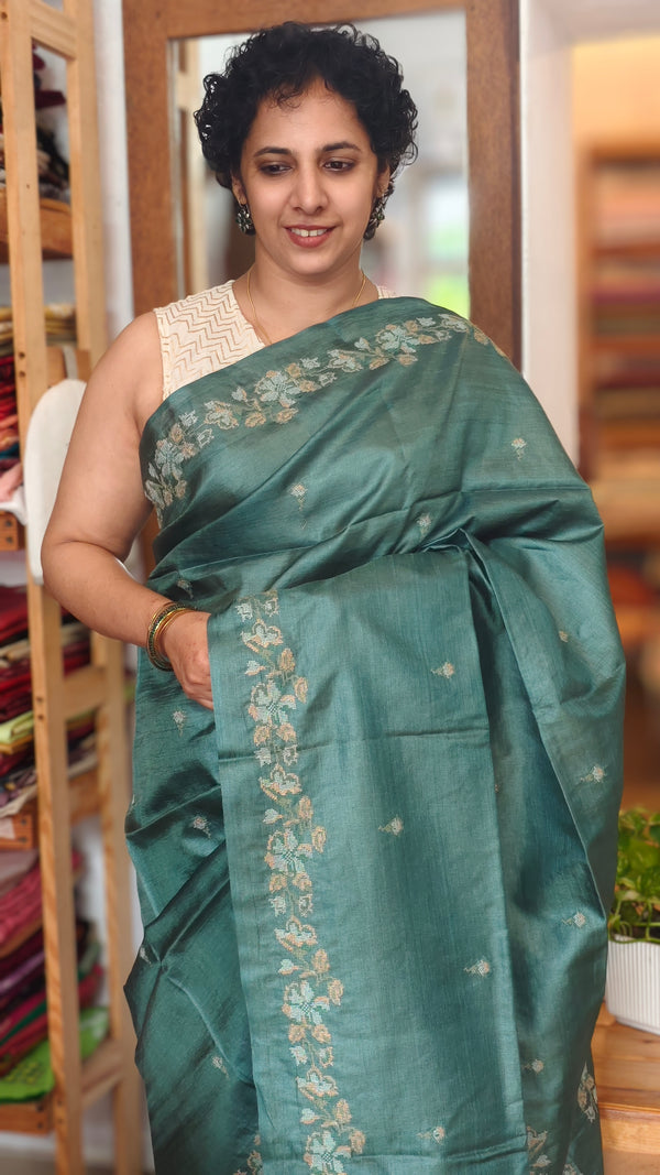 Dark Teal Cross Stitch Embroidered Tussar Silk Saree - MCT4