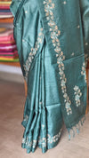 Dark Teal Cross Stitch Embroidered Tussar Silk Saree - MCT4