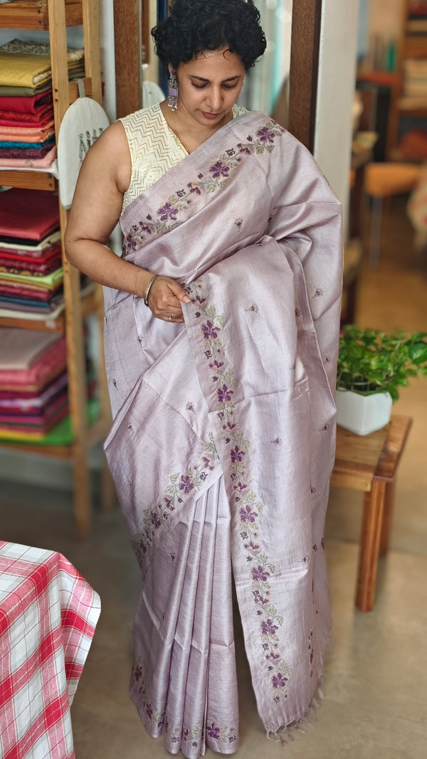Lavender Cross Stitch Embroidered Tussar Silk Saree - MCT4