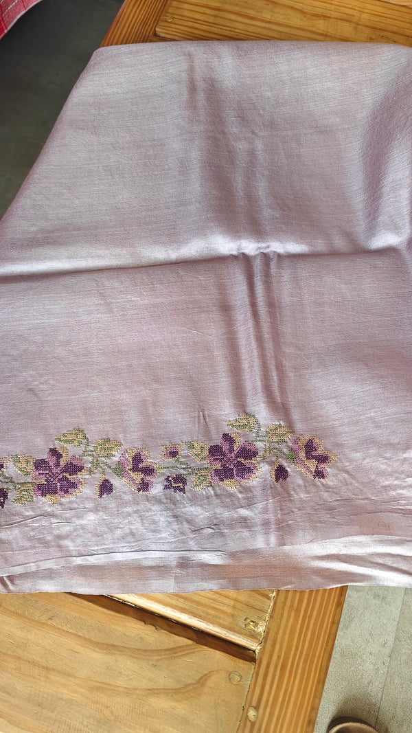 Lavender Cross Stitch Embroidered Tussar Silk Saree - MCT4