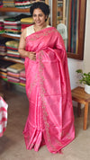 Candy Pink Cross Stitch Embroidered Tussar Silk Saree - MCT4