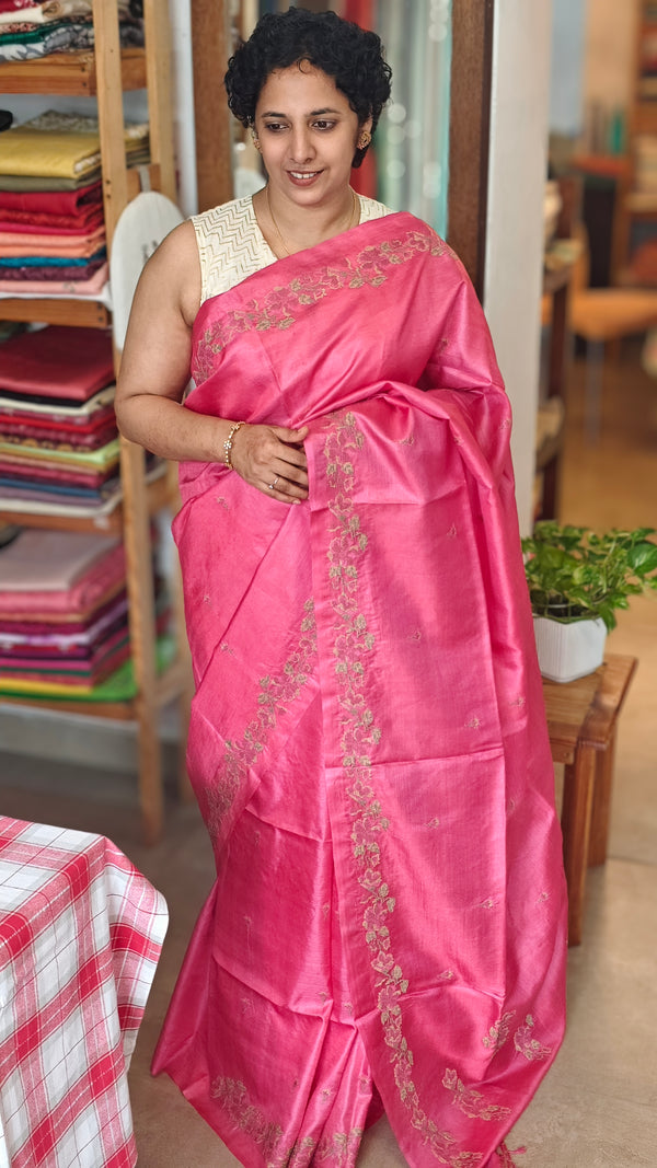 Candy Pink Cross Stitch Embroidered Tussar Silk Saree - MCT4