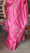 Candy Pink Cross Stitch Embroidered Tussar Silk Saree - MCT4