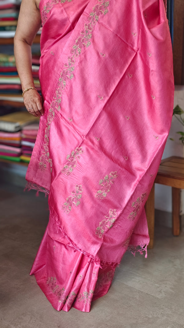 Candy Pink Cross Stitch Embroidered Tussar Silk Saree - MCT4