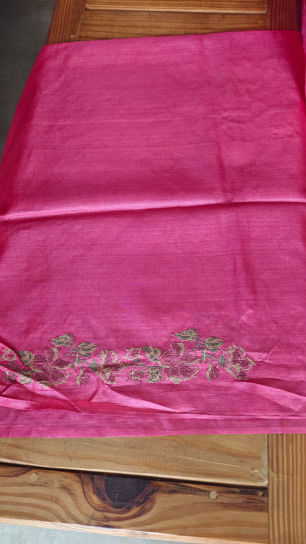 Candy Pink Cross Stitch Embroidered Tussar Silk Saree - MCT4