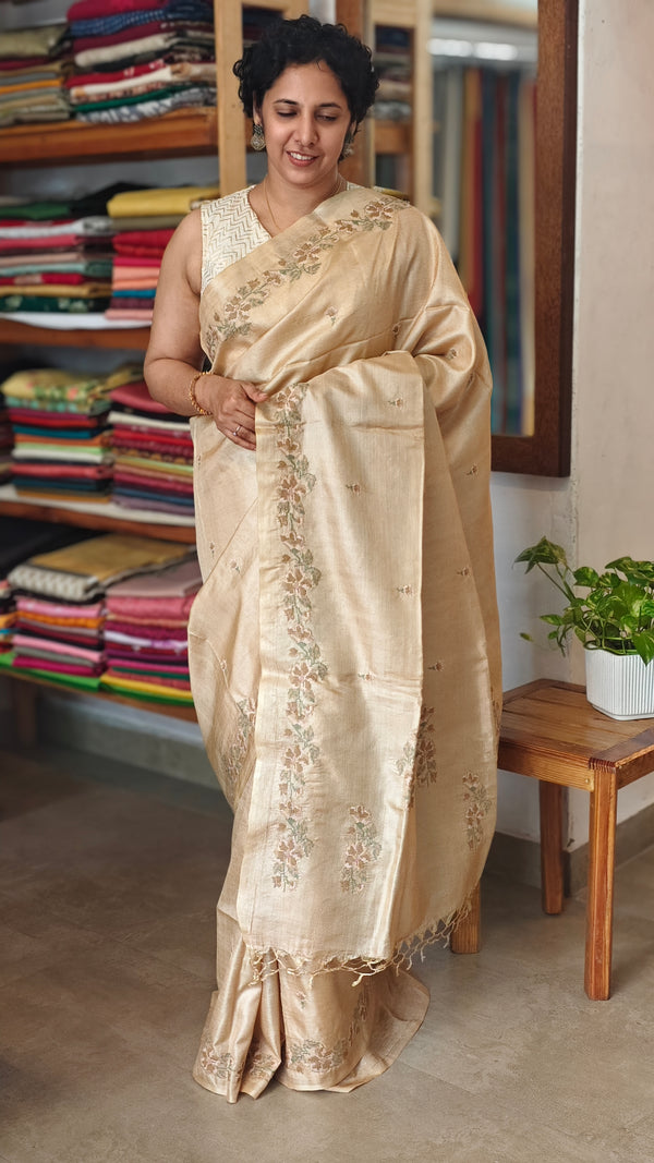 Beige Cross Stitch Embroidered Tussar Silk Saree - MCT4