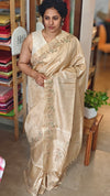 Beige Cross Stitch Embroidered Tussar Silk Saree - MCT4