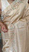 Beige Cross Stitch Embroidered Tussar Silk Saree - MCT4