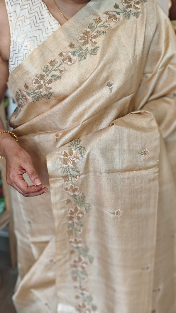 Beige Cross Stitch Embroidered Tussar Silk Saree - MCT4