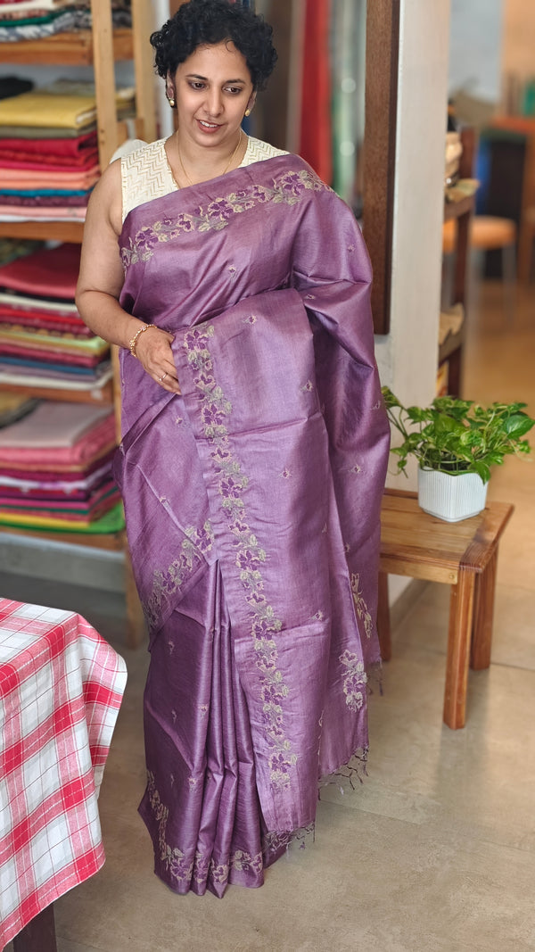Purple Cross Stitch Embroidered Tussar Silk Saree - MCT4