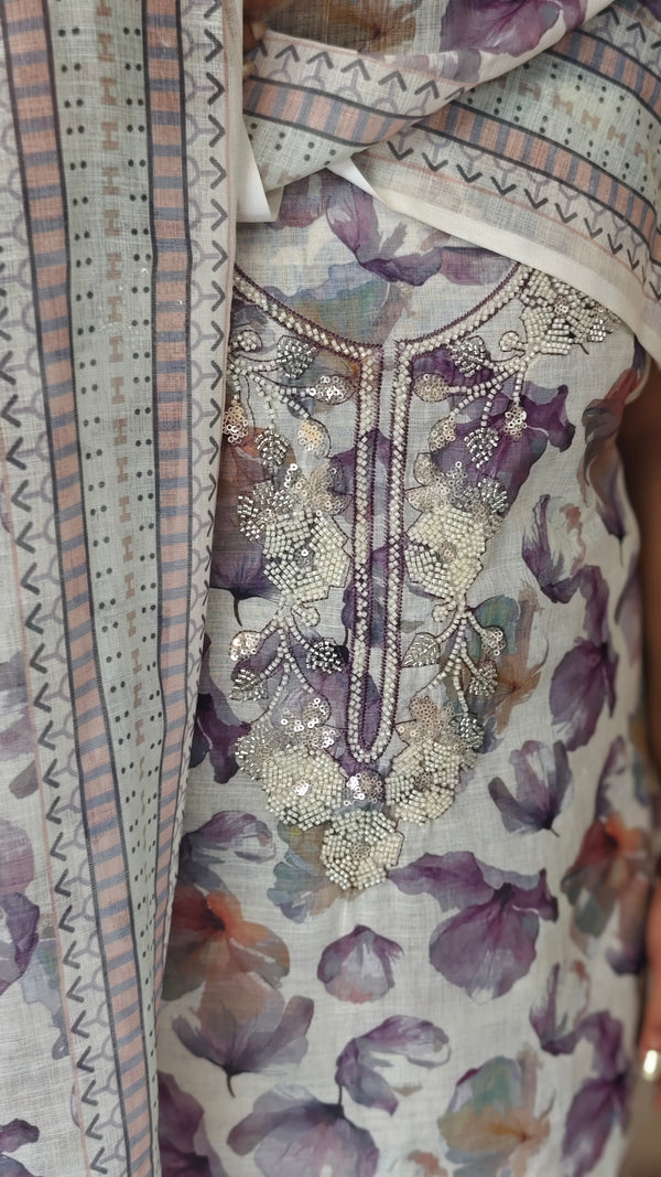 Cream and purple floral printed linen suit - B449