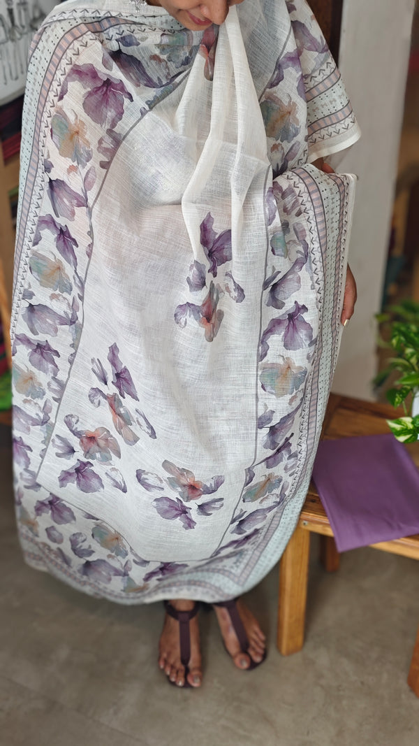 Cream and purple floral printed linen suit - B449