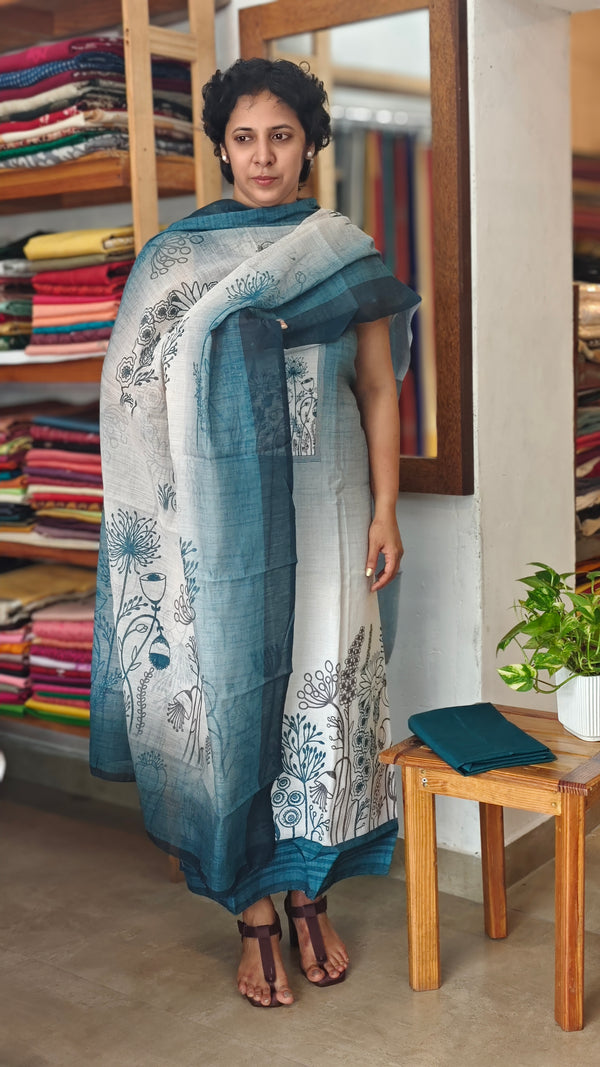 Blue and off white printed cotton linen suit